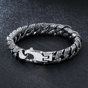 Punk vintage stainless steel bracelet for men with engraved floral links and spring clasp