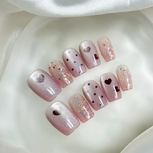 Handmade ABS Press On Nails Cat Eye Heart Pattern Pink Purple Gradient Glitter Sweet Short Square Round Shape