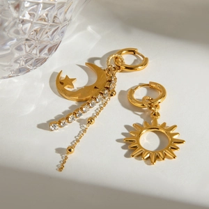Asymmetric gold star moon earrings with long zircon tassels and sun-shaped studs