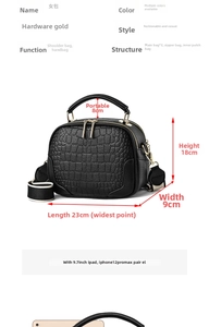 Detailed size specifications for women's black crocodile texture crossbody handbag
