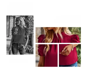 Detail view of wine red crew neck top showing elegant puff sleeve and pleated texture