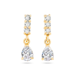 Elegant gold drop earrings with tiered zircon studs and large pear-shaped crystal pendants
