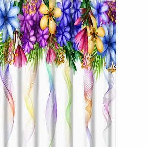 Wasserdichter Duschvorhang aus Polyester mit nordischen Blumen und farbigen Wellenmustern