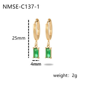 Gold-plated rectangle green zircon drop earrings in stainless steel with dimensions