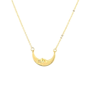 18K gold plated crescent moon pendant necklace featuring embossed face and zircon stone