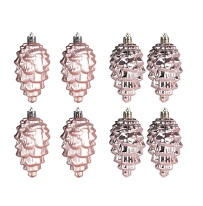 Detailed view of eight pink pinecone Christmas ornaments with silver loops on top