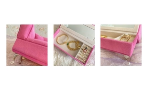 Pink velvet mini sofa jewelry box with gold legs and interior mirror and ring slots