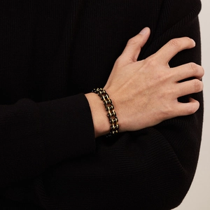 Men's black and gold stainless steel bike chain bracelet in hip hop industrial style