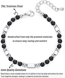 Detail showing 4mm black onyx beads and 316L stainless steel bracelet charm