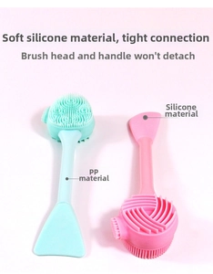 Detail of dual-head silicone facial brush showing tight interface and durable materials