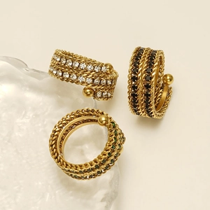 Three-layer 18K gold plated stainless steel open ring with multi-color rhinestones