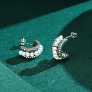 Boucles d'oreilles créoles S925 en argent avec turquoise, perles et zircons brillants
