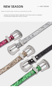 Macro shot of colorful Y2K sparkling rhinestone belts with retro pin buckle details