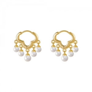 Elegant gold ruyi hoop earrings with hanging white pearl tassels on white background