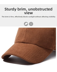 Detailed close-up of corduroy baseball cap brim featuring high-quality stitching and texture