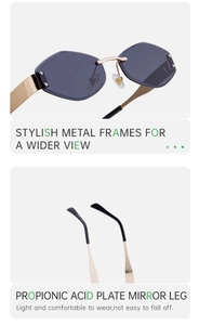 Detail view of rimless diamond cut sunglasses with gold metal temples and dark gray lenses