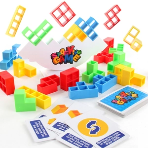 Interactive Tetris balance stacking block game set with colorful blocks and game cards