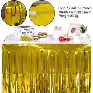 Golden foil fringe table skirt for Halloween parties with precise size and weight details