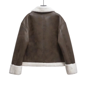 Brown faux suede biker jacket with white shearling trim and back view hanging display