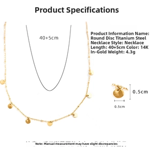 Technical dimensions of 14K gold plated titanium steel necklace with adjustable disc pendant