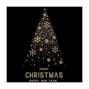 Golden Christmas tree wall decal with Merry Christmas and Happy New Year text on black background