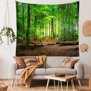 Detail showing high-quality vibrant forest landscape tapestry in a modern living room