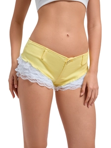 Sexy gelbe Jeans-Shorts mit niedriger Taille und weißer Spitzenborte im Y2K-Stil