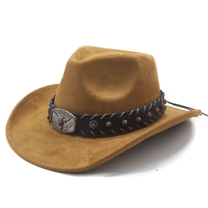 Detail of western cowboy hat featuring silver bull head buckle and vintage star studs