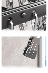 Detail of rivet-reinforced aluminum sock rack with smooth clips and protective pads