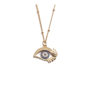 Gold plated copper evil eye pendant necklace with blue and white zircons on white backdrop