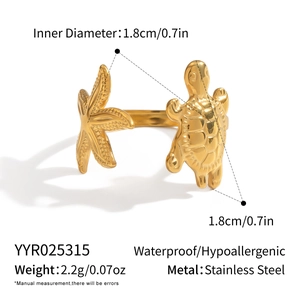 Détails de la bague étoile de mer et tortue avec dimensions et acier inoxydable étanche