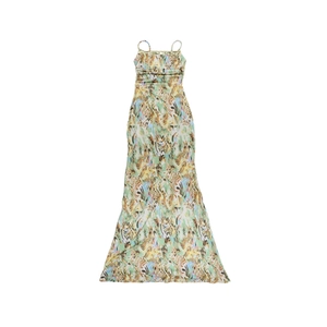 Detail of tropical floral print maxi dress with spaghetti straps and slim waist