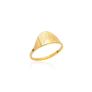Polished 18K gold stainless steel open ring with engraved sunburst on a white background