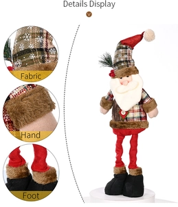 Detail view of telescopic Santa doll with plaid fabric and brown plush trim accents