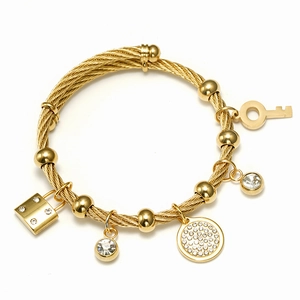 18K gold plated stainless steel cable bracelet with lock, key and zircon charms