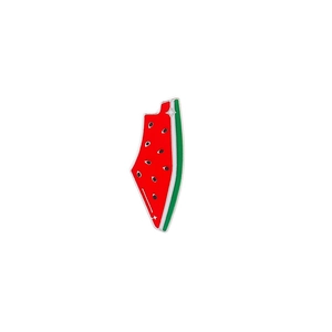 Detail of a watermelon slice enamel pin with vibrant red pulp and green rind accents