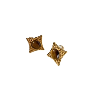 Boucles d'oreilles vintage en forme d'étoile dorée avec pierre œil de tigre ovale