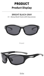 Detail view of C1 Bright Black sports sunglasses with gray polarized shield lenses