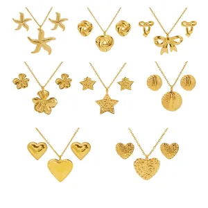 Stainless Steel Necklace And Earrings 18K Gold Plated Heart Star Vintage Fashion Jewelry For Women