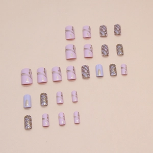 Medium square press-on nails with pink purple plaid patterns and gold geometric lines