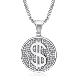 Collier avec pendentif signe dollar en argent incrusté de zircons blancs étincelants