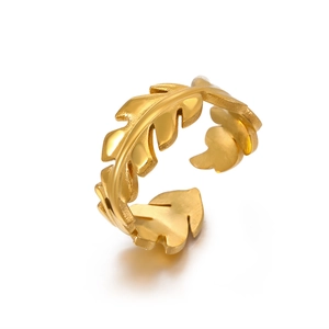 Golden leaf stainless steel open ring for women shown at a 45-degree angle view