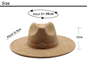 Size chart for suede cowboy hat with 9.5cm wide brim and 57-58cm head circumference