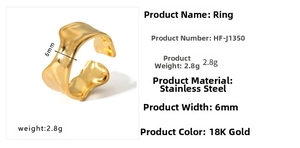 Detail view of 6mm wide irregular foil texture gold ring with weight and size specs
