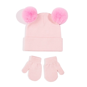 Detail view of pink knit baby hat with faux fur pom-poms and matching warm gloves set