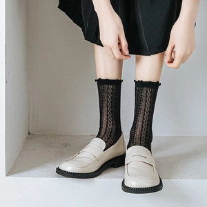 Japanese style black lace mesh calf socks with elegant ruffled edges for women