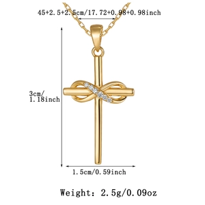 Detailed specs of infinity cross necklace showing pendant size and adjustable chain length