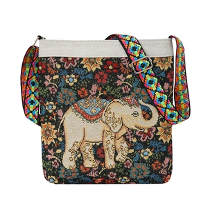 Ethnic canvas crossbody bag with colorful elephant embroidery and geometric strap