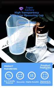 Macro detail of high-transparency triangular silicone measuring cup with precise scale