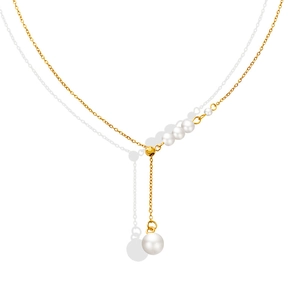 Elegant French style gold Y-shaped necklace with five minimalist white pearls on white background